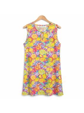 Kiwi Fresh Shift Dress Womens Large Multicolor Tropical Fruit Print Sleeveless